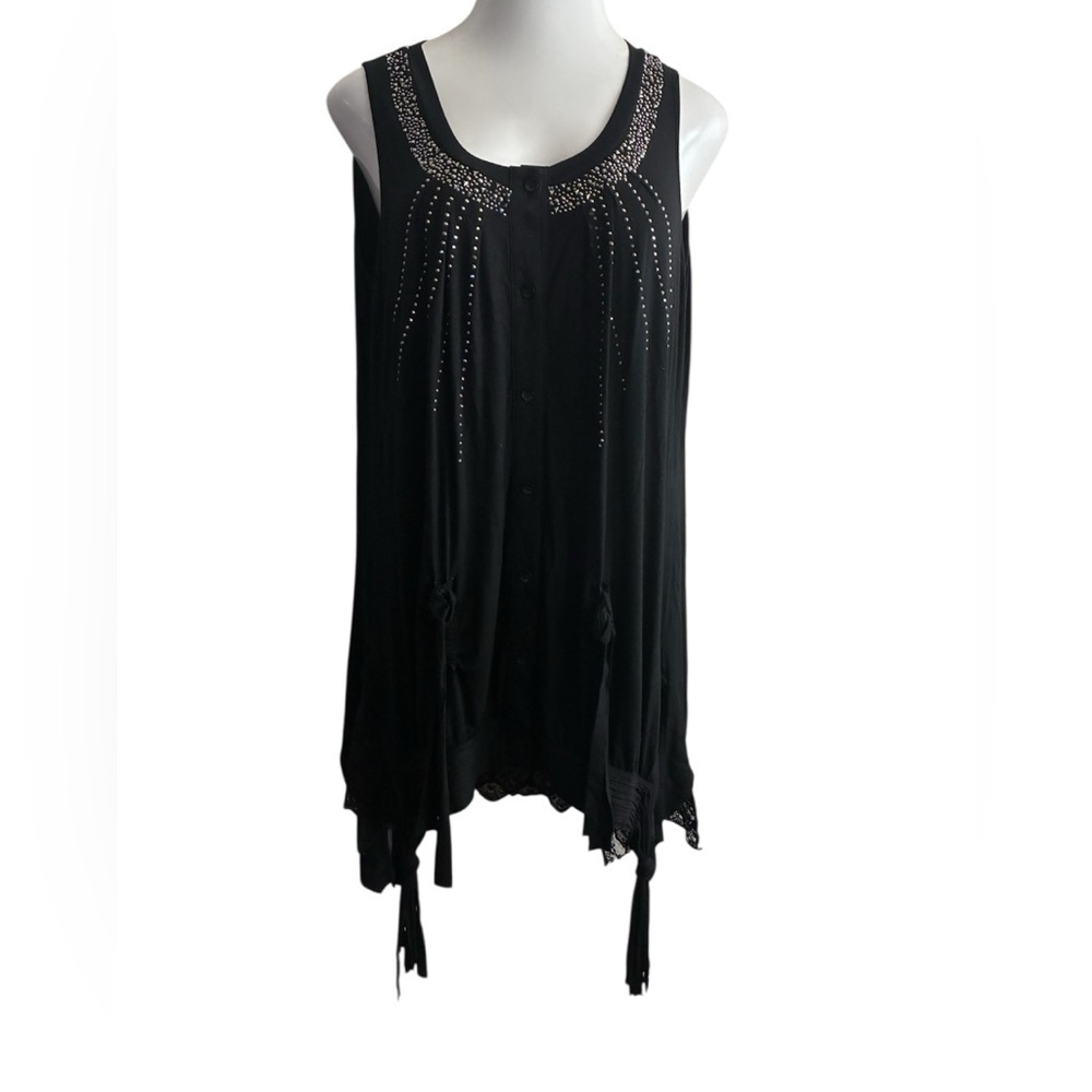 Chic Black Sleeveless Overlay Bling Details Tunic Top L
